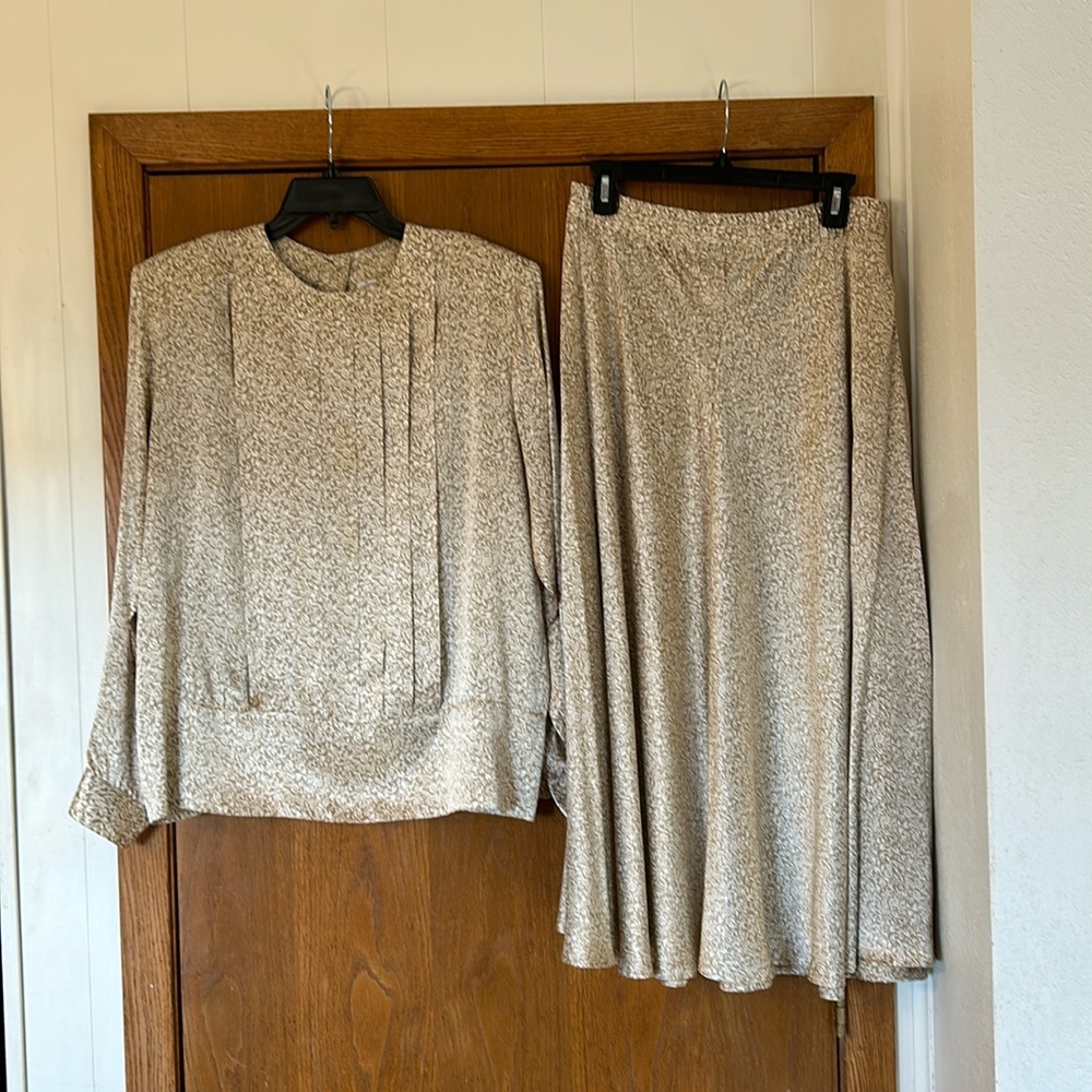 Light Beige Printed Blouse and Skirt Set, Women's Two-Piece